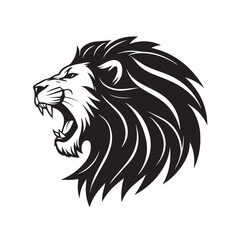 Minimalistic black vector silhouette of a roaring lion head in side profile with strong bold lines on transparent PNG format – big cat emblem, predator icon, wild animal contour art design

