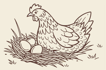 Rustic Hen with Eggs Doodle Illustration