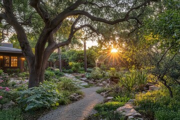 Fototapeta premium Serene garden at sunrise with soft light filtering through trees, illuminating pathway and vibrant plants in a calm, peaceful setting