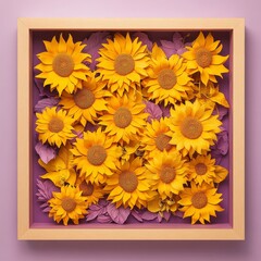 A framed arrangement of paper sunflowers and leaves.