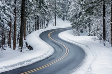 Obraz premium Winding road cuts through serene snow-covered forest landscape in winter season