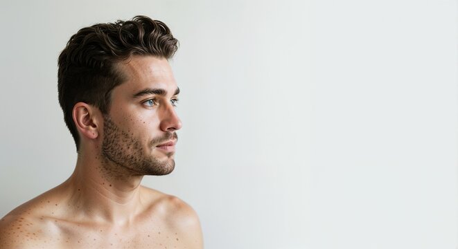 Shirtless man looking sideways against white background