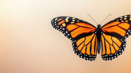 Fototapeta premium Vibrant orange and black butterfly with detailed wings spreads gracefully against soft beige background, evoking calm