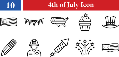 Collection of American independence day icons including flag bunting USA map cupcake hat pencil firefighter rocket and fireworks isolated on transparent background, 4th of July concept