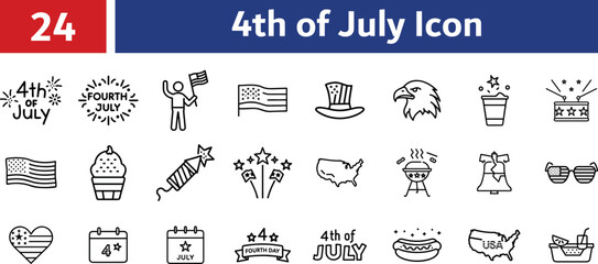 Collection of 24th of July independence day celebration icons and symbols isolated on transparent background, 4th of July concept