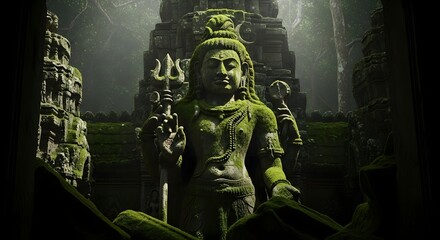 Fototapeta premium Enigmatic Shiva Statue Moss-Covered Ancient Temple Ruins in a Dark, Stormy Setting