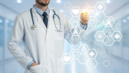 Doctor interacting with futuristic medical technology interface displaying health icons and data in a modern hospital setting