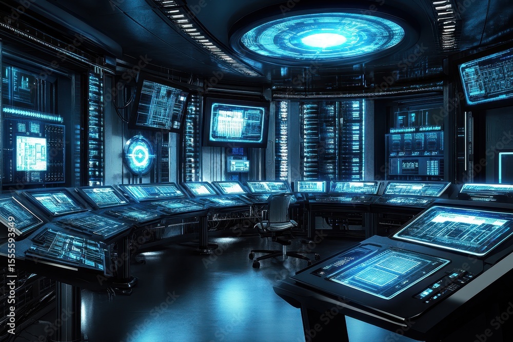 Poster futuristic electronic control room with intricate displays and advanced technology for monitoring an