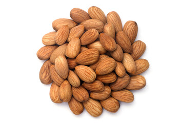 Top view of a pile of raw, whole, shelled almonds isolated on white background.