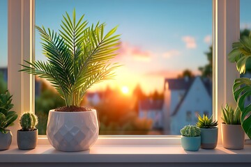 Houseplant at window, sunset view