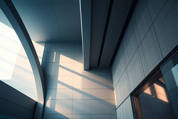 Fototapeta premium Architectural shot features stark lines and shadows on tiled walls with light flooding through windows