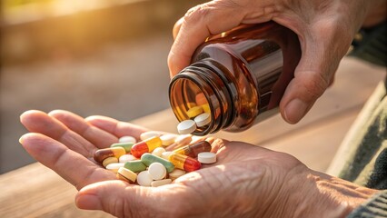Close up of an elderly person s hands pouring colorful pills from a medicine bottle into their palm