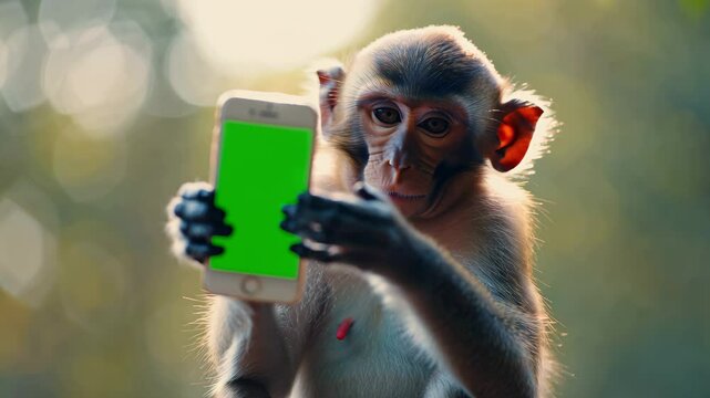 Young monkey holding smartphone with blank copy space green screen. App device mockup