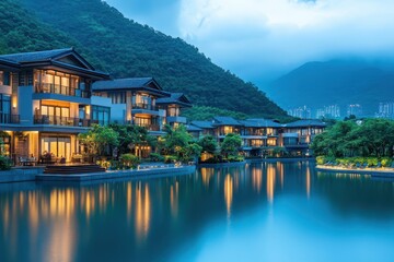 Obraz premium Stunning bay city resort at twilight with tranquil waters reflecting beautiful mountain backdrop and modern architecture