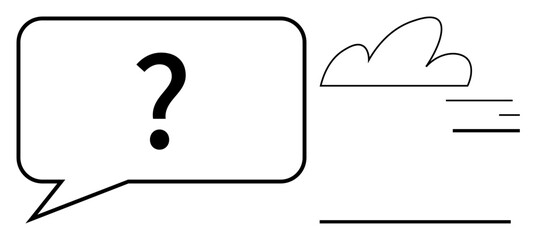 Question mark in chat bubble beside cloud and horizontal lines symbolizing inquiry, communication, clarity. Ideal for problem solving, customer support, minimal design, brainstorming, interaction