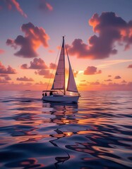 Romantic sunset scene with pink sky, dramatic clouds, and serene sea, evoking nautical summer adventure vibes