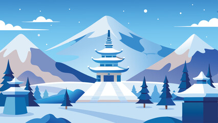 A pagoda stands in a snowy mountain scene with pine trees landscape illustration