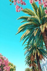 Tropical Palm Trees, Pink Flowers, Bright Sky
