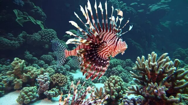 Underwater video captures a lionfish swimming among coral reefs. Side angle highlights its vibrant fins and the ocean's depth and texture. Live desktop wallpaper.