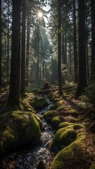 Obraz premium Dark mysterious forest with tall trees and subtle light