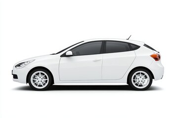 Stylish hatchback white car parked in an isolated setting against a white background showcasing its sleek design and compact dimensions