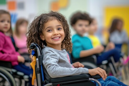 Bright smiles from happy children in wheelchairs participating in a fun activity indoors, showcasing inclusivity and joy among diverse backgrounds