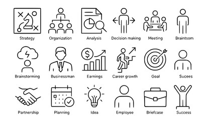 Business Management & Strategy Line Icons: Organization, Growth & Leadership Vector Set