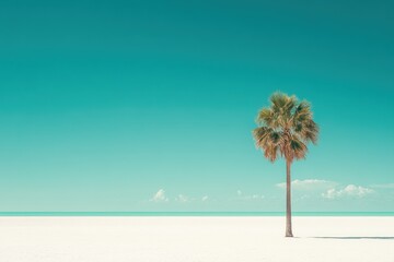 Obraz premium Solitary palm tree standing gracefully against the turquoise sky by the serene beach during midday