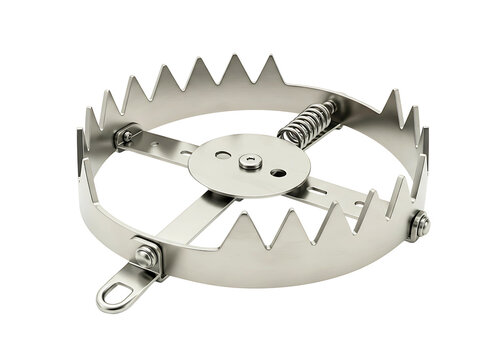 Metal animal trap with sharp teeth and chains isolated on transparent background