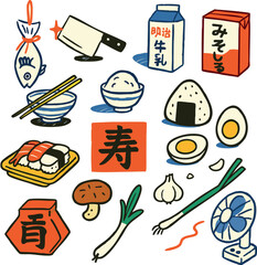 Hand-drawn Japanese food icons with cute doodle style