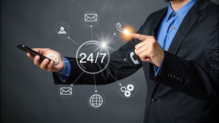 Businessman using a smartphone with a holographic interface showing 24 7 customer service icons and global connectivity options