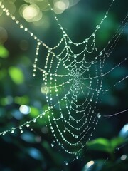 Delicate spiderweb glistening with morning dew drops catching soft sunlight in a lush forest