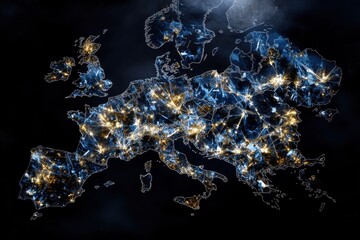 Abstract representation of a map showcasing the intricate connections and networks across Western Europe illuminated against a dark background