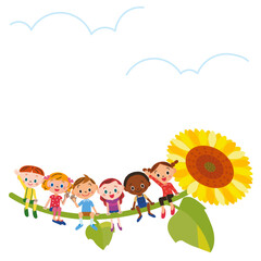 一輪の大きな向日葵の花の上に座って手を振る子供達