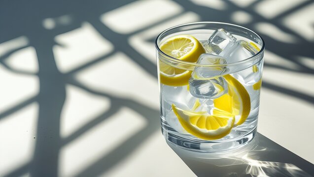 A refreshing glass of water with lemon slices and ice cubes, casting playful shadows on a surface.