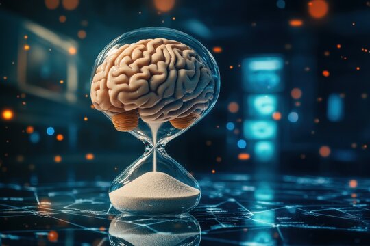 Human brain represented in an hourglass to illustrate the relationship between time, mental processes, and psychological concepts