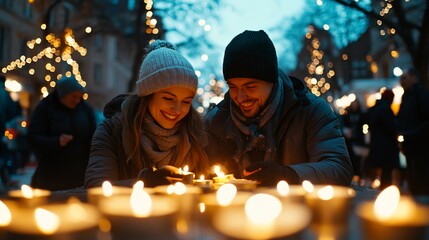 Couple enjoying candles in a winter market