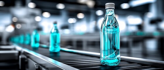 Clear turquoise bottles on conveyor belt