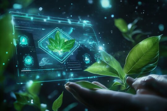 A hand is pointing at a green screen with a lot of symbols. Futuristic holographic interface showcasing environmental and business strategies for sustainable growth, ESG concept. - Powered by Adobe
