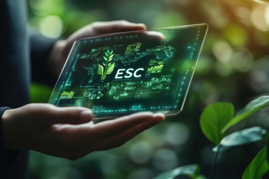 A hand is pointing at a green screen with a lot of symbols. Futuristic holographic interface showcasing environmental and business strategies for sustainable growth, ESG concept.