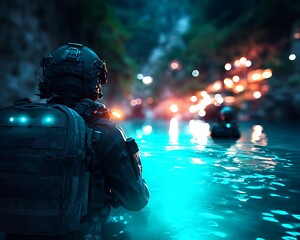 Military operation in a dark cave-like setting