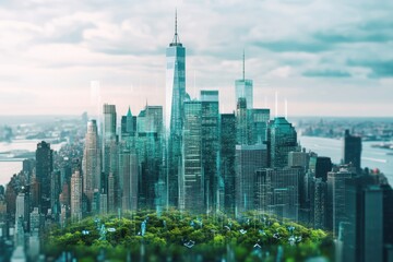 Naklejka premium A city skyline with a large body of water in the background. ESG investment hologram concept over manhattan skyline highlighting environmental and business strategies.