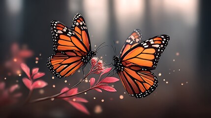 Two Monarch Butterflies on a Branch in a Forest