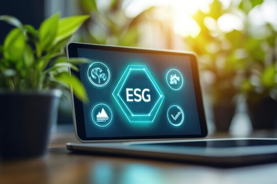 ESG investment strategy concept with holographic icons on tablet in business setting. A laptop screen shows a green screen with the letters ESG.