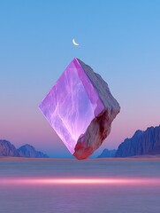 Floating crystal cube in a desert landscape at dawn