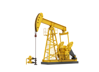 Yellow oil pump jack equipment for petroleum extraction isolated on transparent background
