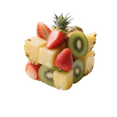 Fruit cube with pineapple strawberry and kiwi isolated on transparent background