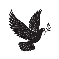 Flying dove silhouette vector, peaceful bird wings mid-flap, black outline graphic, minimalist pigeon icon, freedom animal symbol isolated on white background PNG format

