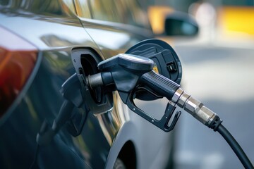 A car is being filled with gas at a gas station. The car is silver and has a black cap on the gas tank. EV charging plug VS gas pump nozzle electric vehicle concept.