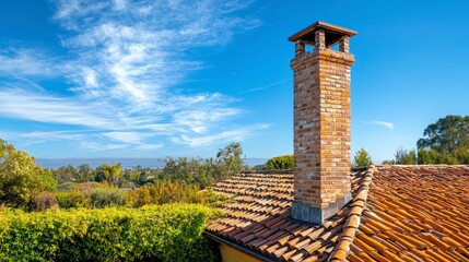 Brick chimney on a terracotta tile roof against a bright blue sky and ocean view.
